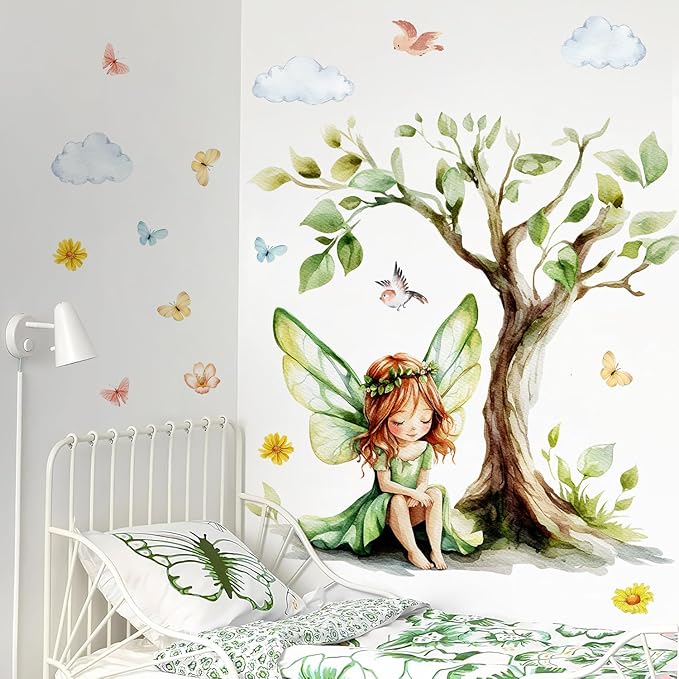 DRWSSR 2Sheets Removable Cartoon Green Butterfly Elf Girl Decals Fairy Wall Decals DIY Tree and Leaves Wall Sticker Peel and Stick Butterfly Bird Art for Girls Room Living Room Bedroom Bathroom Decor