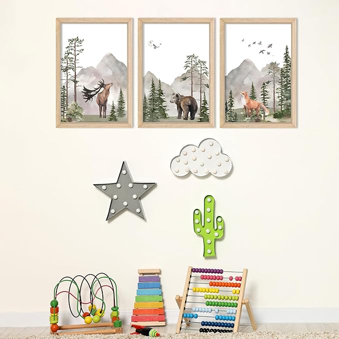 YWJKWLGS Wild Woodland Animals Nursery Wall Art Decor 16"×24" Set of 3 Jungle Theme Safari Forest Deer Bear Fox Posters Wood Framed Sign for Children's Boys Girls Room Watercolor Prints Hanging (Wood)