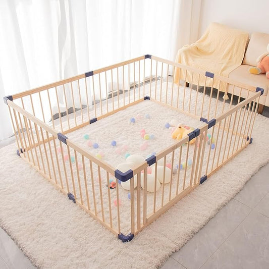 Wooden Baby Playpen Activity Center, Foldable Playpen for Babies and Toddlers, Large Baby Fence Play Area with Safety Gate for Indoor Use, Corrales para Bebes, Kids Safety, 63.00"x 70.90"x24"