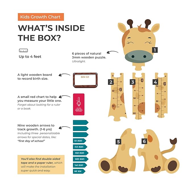 Matilda The Giraffe - Wooden Growth Chart for Kids | Wall Height Chart for Children | Cute Wall Ruler for Kids | Track Height Measurement Up to 4ft | Easy to Install, No Tools Needed