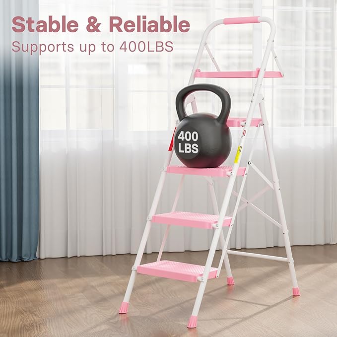BONTEC 4-Step Ladder, 400lbs Max Load, Folding Step Stool with Tool Tray, Anti-Slip Pedals, Sturdy Steel, Lightweight Portable Ladder with Handrail for Home & Work Use, Pink