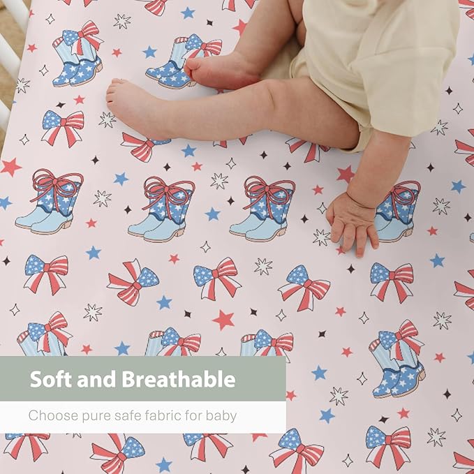Pink July 4th Cowgirls Baby Crib Sheets for Girl 52x28Inch Western Cowboy Boots American Flag Bows Stars Soft Snug Fitted Crib Mattress Cover Patriotic Baby Sheet for Standard Crib & Toddler Mattress