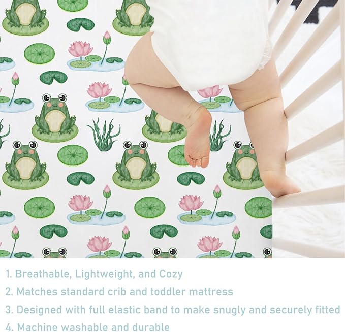 Funny Frogs Flower Leaves Pond Baby Crib Sheets 52''x28'' Water Lilies Lake Stretchy Fitted Crib Mattress Covers for Boy Girl Animal Soft Nursery Bed Sheets for Standard Crib and Toddler Mattresses