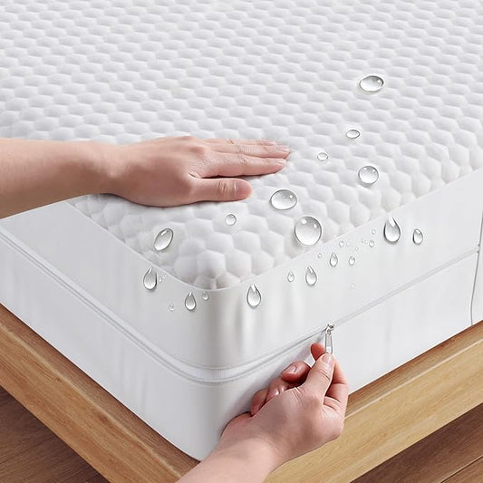 OhGeni 100% Waterproof Mattress Protector,Queen Size-Zipper Mattress Soft Pad,Pet Hair & Bedwetting Resistant,Cooling Breathable Fitted Sheets,Washable Cover,Non-Slip Deep Pocket,Noiseless for Bedroom