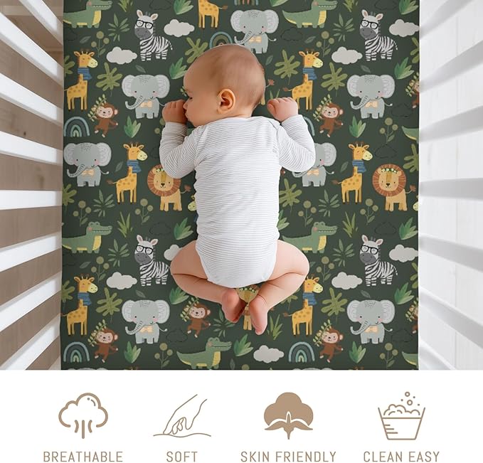 Jungle Safari Animals Baby Crib Sheets for Boy Girl Elephant Lion Zebra Giraffe Leaves Soft Snug Fitted Crib Mattress Covers for 52''x28'' Standard Crib & Toddler Mattress Pad Wild African Bed Sheets