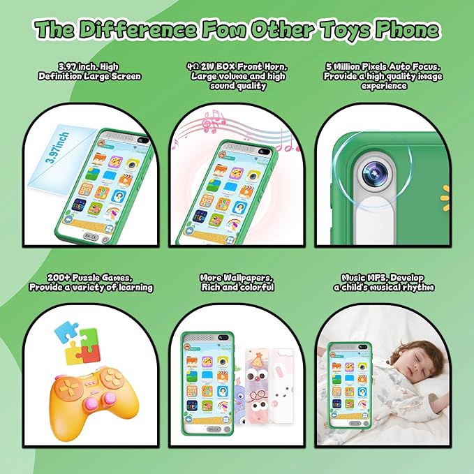 Kids Phone for Boys, Dinosaurs Gift Toys with 3.97" Touchscreen Phone, Learning Music Puzzle-Games Toddler Phone for Ages 3-12, Kids Toys Play Cell Phones with Dual Camera, 8G SD Card (Green)
