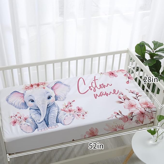 Personalized Baby Crib Bedding Set: 4 Piece Custom Pink Flower Elephant Crib Bed Set with Name, Nursery Bedding Set for Baby Girls, Newborn Boys Crib Sets, Crib Bedding Custom Gift, Crib Sheet