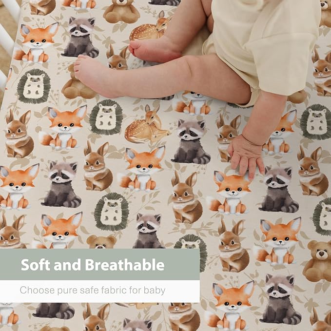 Vintage Animals Boho Floral Baby Crib Sheets for Boy Girl 28"x52" Bear Raccoon Deer Rabbit Hedgehog Leaves Soft Snug Fitted Crib Mattress Cover Baby Sheet for Standard Crib & Toddler Bed Mattress