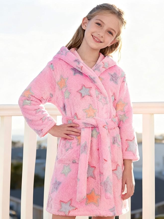 SANGTREE Boys Girls Robe Fleece Hooded Soft Toddler Bathrobe Cute Boys Bathrobe Fuzzy Plush Robes for Kids, 2-12 Years