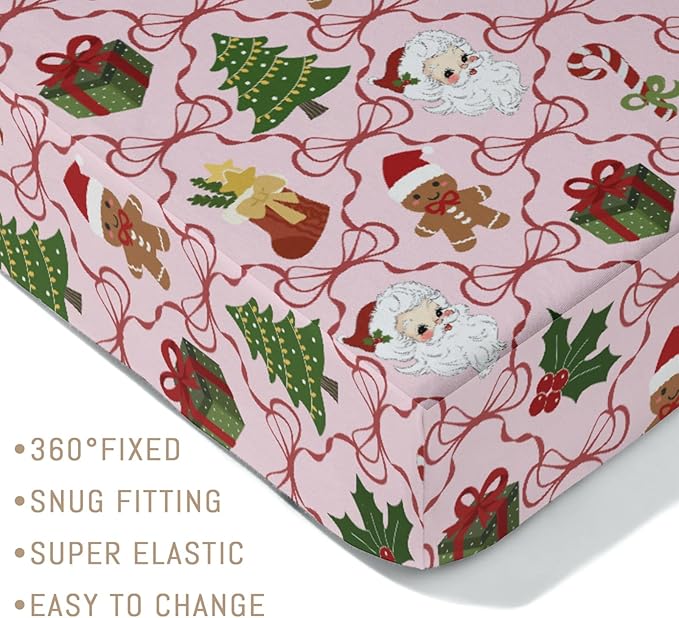 Pink Santa Christmas Bows Baby Crib Sheets for Boy Girl Retro Christmas Trees Stockings Fir Gifts Soft Snug Fitted Crib Mattress Covers for 52x28 Standard Crib & Toddler Mattress Winter Baby Sheets