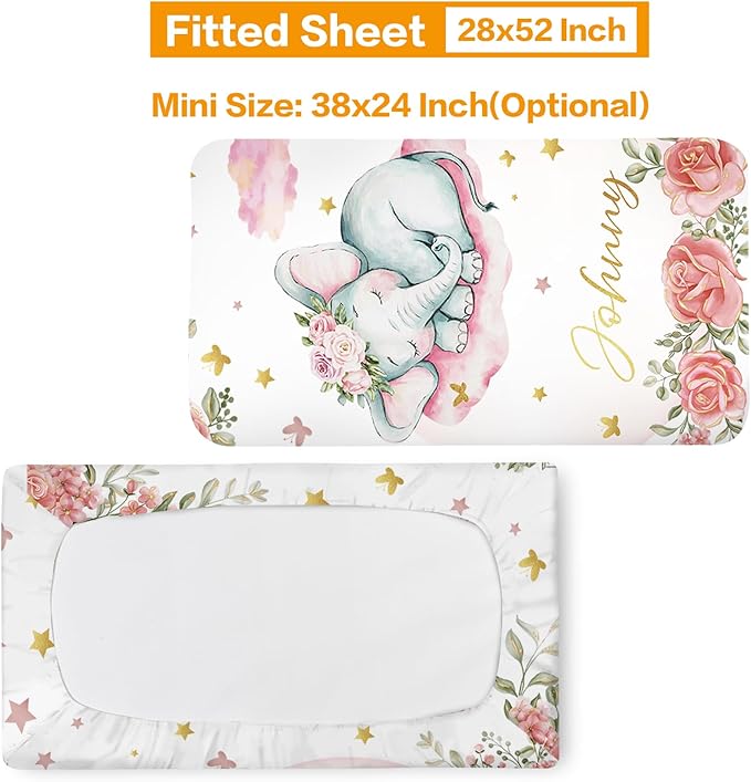 Custom Baby Bedding Set: Personalized Pink Sleeping Elephant Bedding, Baby Blanket Fitted Sheet Changing Cover Nursery Rug Gift Idea Room Decor
