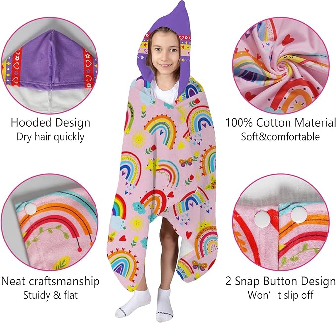 Thickened Hooded Towels for Kids Suitable Girls Boys Kids Bath Towels, 35"x60" Super Absorbent, Rainbow Cute Cartoon Toddler Towels Multi-Purpose for Beach, Pool and Bathroom