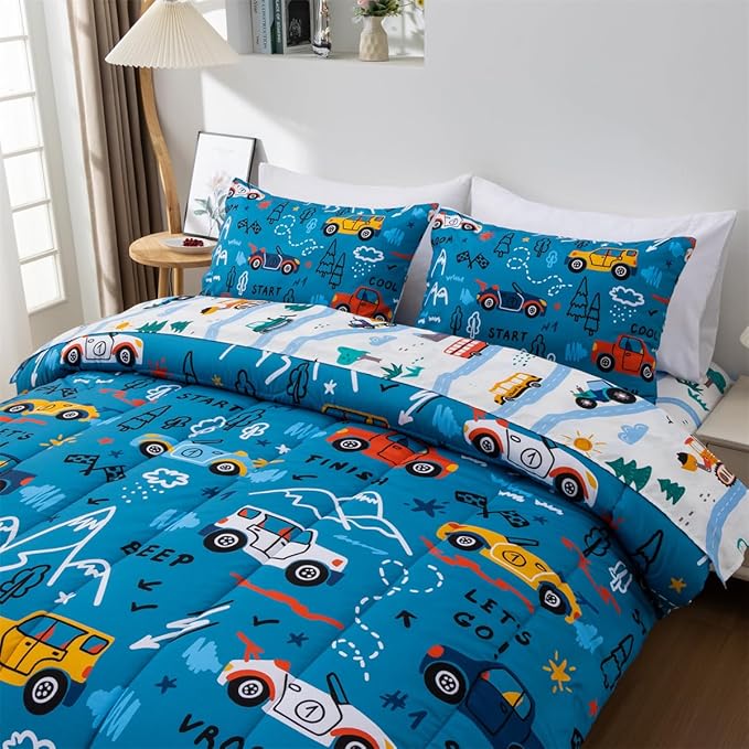 NTBED 5 Pieces Racing Cars Comforter Set Full for Boys Kids Bed in a Bag Vehicles Transportation Lightweight Microfiber Bedding Sets,Blue