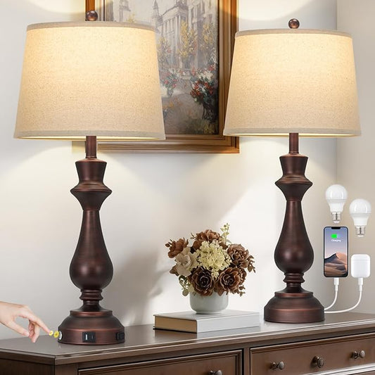 luxeflow Vintage Table Lamps Set of 2 for Living Room,30" Tall Bedside Lamp with USB Charging Port,3-Way Dimmable Touch Nightstand Lamp for Bedroom Desk Side Table Office,Brown
