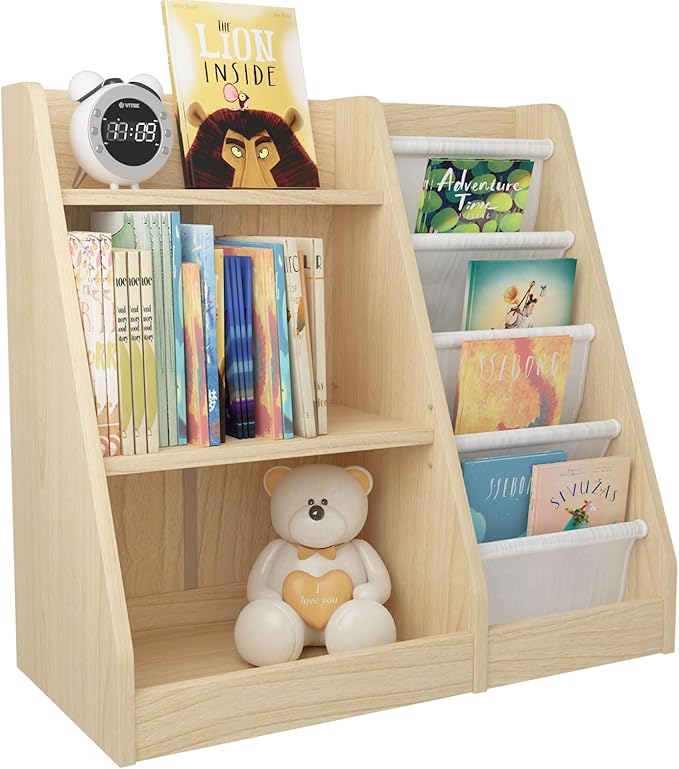 HedoAjim White 3 Tier Kids Bookshelf Toddler Book Rack for Book Toy Storage Organizer Children Bookcase 4 Sling Adjustable Book Display Shelf for Nursery Playroom Kids Baby Bedroom