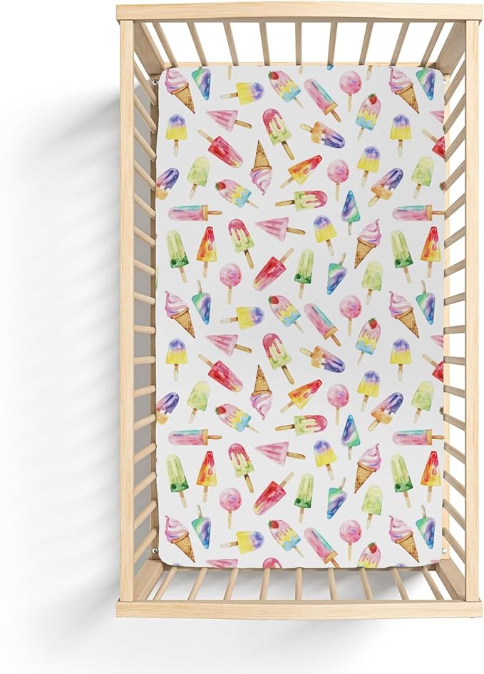 Watercolor Fruit Ice Cream Baby Crib Sheets for Boy Girl 52x28Inch Dessert Sweets Soft Stretchy Fitted Crib Mattress Cover Colourful Summer Nursery Baby Sheet for Crib and Toddler Bed Mattresses
