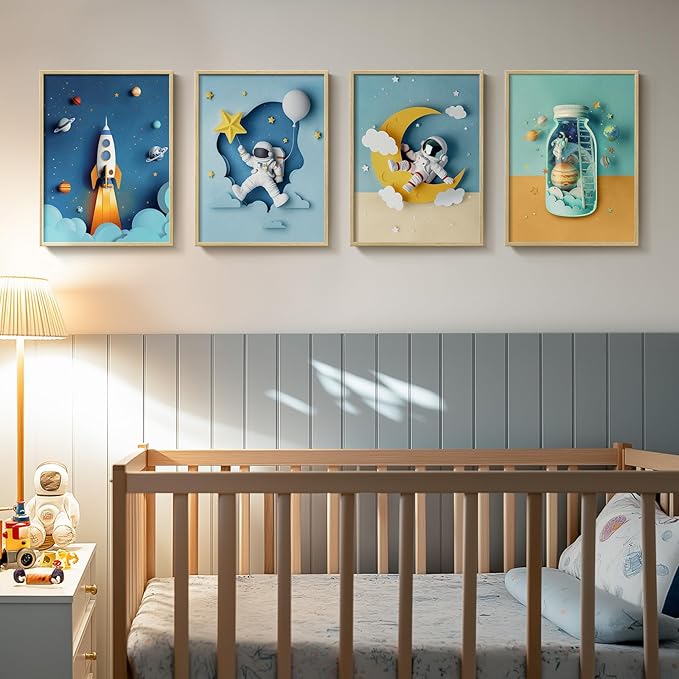 Framed Space Themed Bedroom Decor for Boys, 4 Piece Astronaut Rocket Canvas Wall Art Prints, Large Space Wall Art Decor for Kids Boys Room, 12x16 Inch