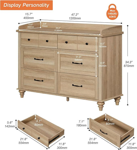 WAMPAT Kids Dresser for Bedroom with 6 Drawers, Oak Baby Dresser with Wide Chest of Drawers, Farmhouse Kids Closet Storage Organizer, Wood Dressers for Living Room, Nursery, Hallway