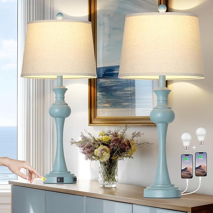Cinyirong 29" Coastal Table Lamp Set of 2, 3-Way Dimmable Touch-Control Bedside Lamps with USB-A+C Ports, Vintage Farmhouse Nightstand Lamps for Bedroom, Retro Blue (Includes 2 LED Bulbs)