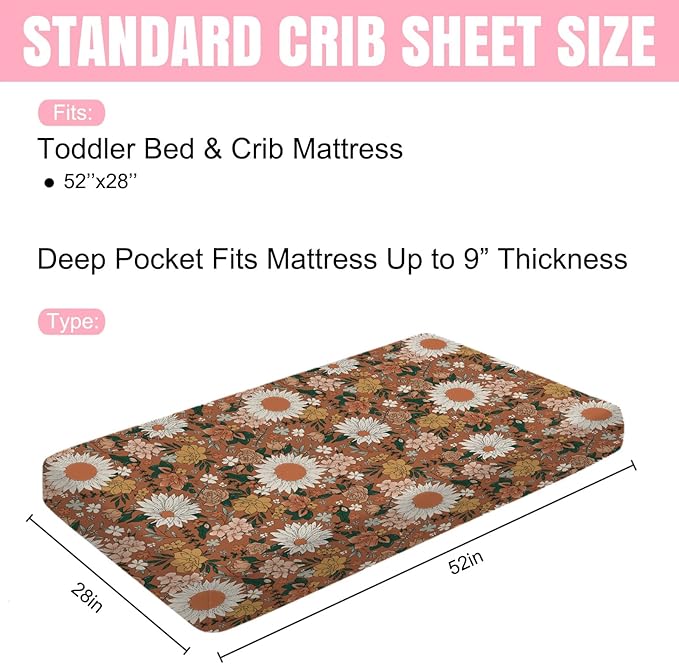 Retro Spring Wildflowers Baby Crib Sheets 52''x28'' Watercolor Floral Leaf Summer Boho Stretchy Fitted Crib Mattress Sheet for Boy Girl Botanical Soft Nursery Sheet for Standard Crib Toddler Mattress