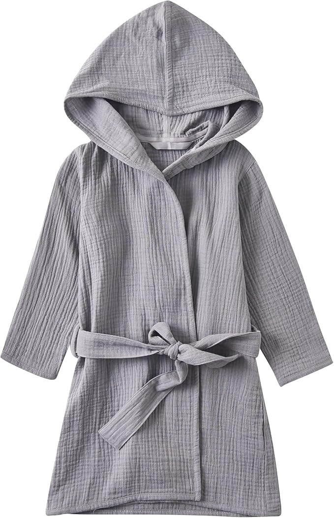 Organic Cotton Toddler Bathrobe, Soft and Breathable Baby Robe for Kid, Boy& Girl Hooded Robe Muslin