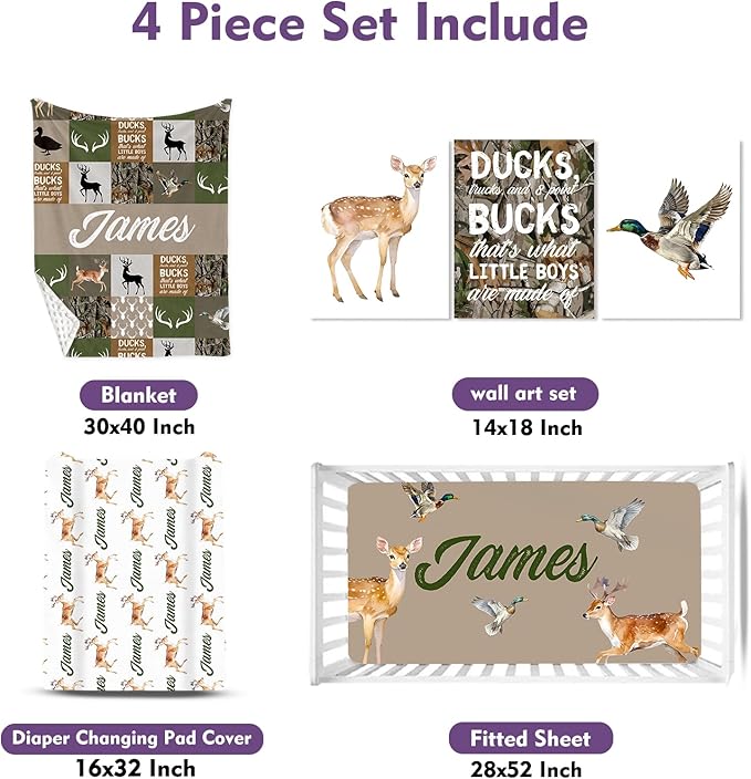 Personalized Baby Crib Bedding Set: 4 Piece Custom Gift Crib Bed Set with Name - Multi-grid Deer Design, Nursery Bedding Set for Baby Girls,Newborn Boys Girls Crib Sets, Crib Bedding Shower Gifts
