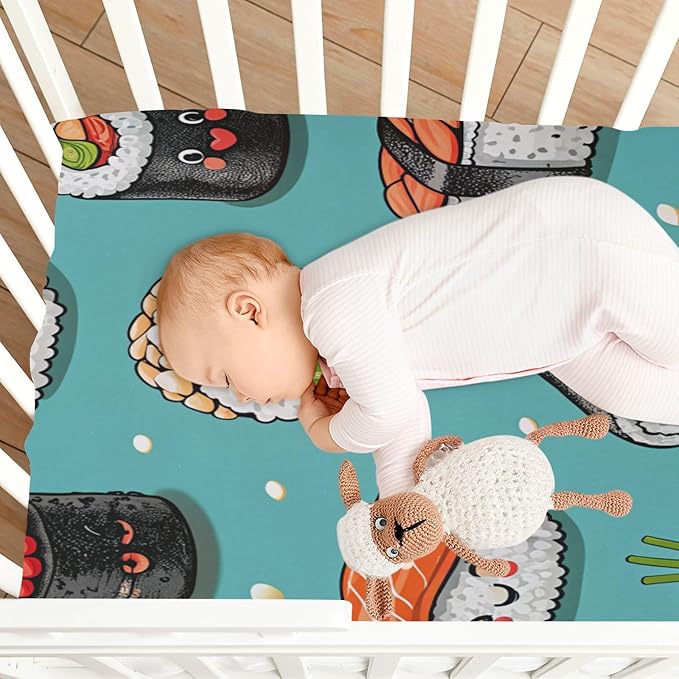 Crib Sheet, Unisex Crib Sheet, Soft and Comfortable for Standard Crib and Toddler Mattress, Cartoon Sushi Rolls