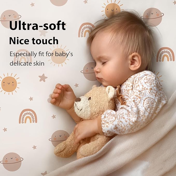 Baby Crib Sheets for Boys and Girls, 3 Pack Fitted Toddler Bed Sheets Neutral for 52”x28” Standard Crib and Toddler Mattresses, Super Soft Microfiber Orange Sun Rainbow