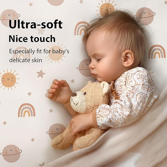 Baby Crib Sheets for Boys and Girls, 3 Pack Fitted Toddler Bed Sheets Neutral for 52”x28” Standard Crib and Toddler Mattresses, Super Soft Microfiber Orange Sun Rainbow