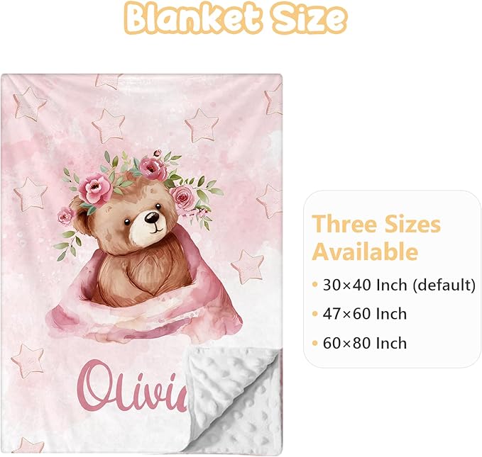 Personalized Baby Crib Bedding Set, 3 Pcs Custom Nursery Bedding Set with Name, Soft Double Layer Baby Crib Set for Girls Boys, Customized for Toddlers Infants, Pink Bear