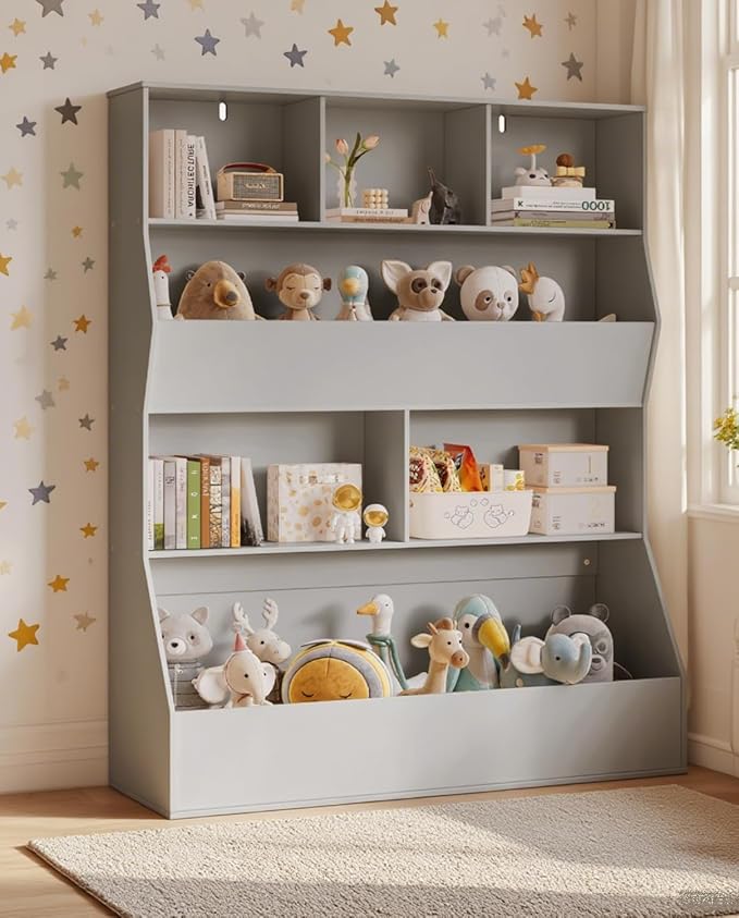Arlopu Kids Bookshelf & Toy Storage Organizer, 4 Tier Wooden Cabinet with Open Design, Toddler-Friendly Bookcase for Playroom, Nursery, Classroom, Kindergarten (Grey)