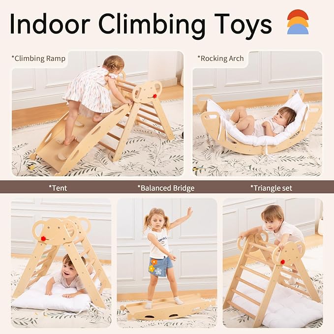wingyz Pikler Triangle Climbing Set with Cushion,Foldable 8 in 1 Jungle Gyms for Toddlers 1-3, Indoor Playground for Kids,Baby Montessori Climbers & Play Structures(Teak)