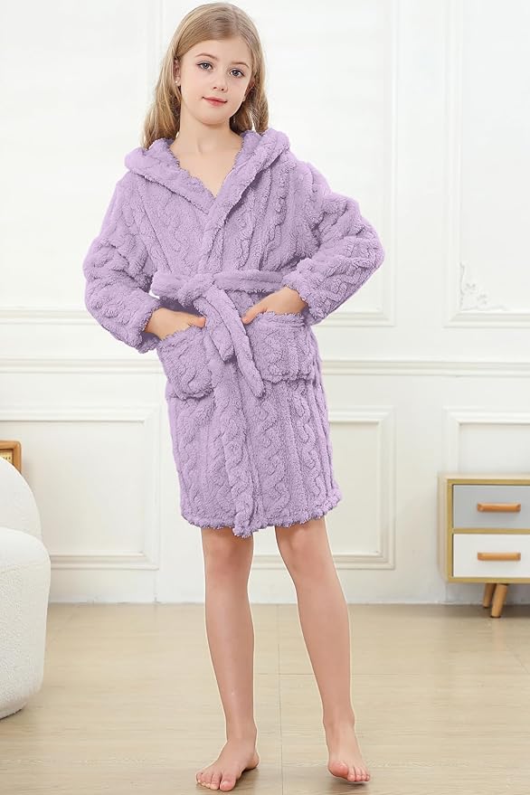 Umeyda Girls & Womens Twist Fleece Robes, Hooded Soft Warm Bath Robe for Kids Womens Fuzzy Bathrobe for Gifts