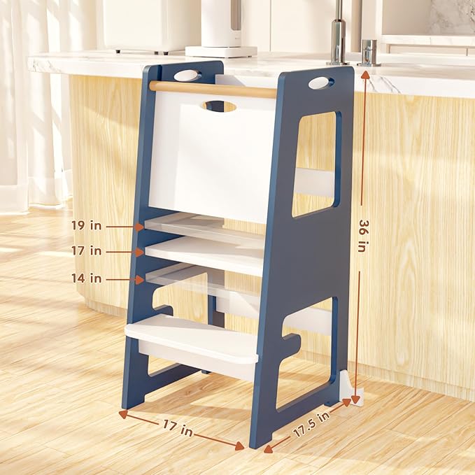 Kitchen Step Stool, Standing Tower for Kids, Adjustable Height Toddler Kitchen Tower with Anti-Slip Design & Safety Rails, Toddler Standing Step Stool with Wide Stable Base-Blue