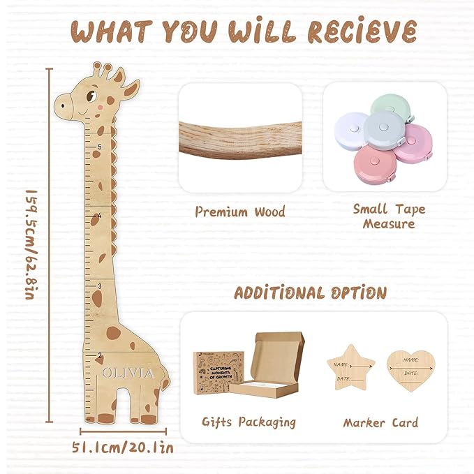 Woodemon Personalized Name Kids Growth Chart for Wall, Cute Giraffe Wooden Growth Chart Kids Height Chart, Wall Measurement for Kids, Height Chart for Wall, Growth Ruler for Children