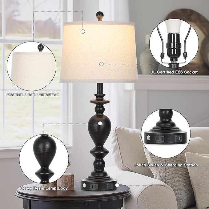 luxeflow 28" Tall Farmhouse Bedside Lamp Set of 2,Black Vintage Bedside Lamps with USB C+A Ports & AC Outlet,3-Way Dimmable Touch Lamp for Night Stands Living Room Bedroom,Black-2