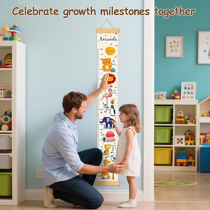 Personalized Name Baby Height Growth Chart Wall, Animal Canvas Kids Height Wall Chart Removable, Waterproof Height Chart Nursery Wall Decor for Baby Kids Toddlers