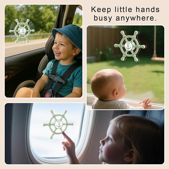 Bathtub Suction Spinner Toys - Silicone Bath & High Chair Sensory Toy for Babies & Toddlers, Novelty Spinners with Suction Cup, Car Window Travel Toys (Ship Steering Wheel Toy - Forest Green)