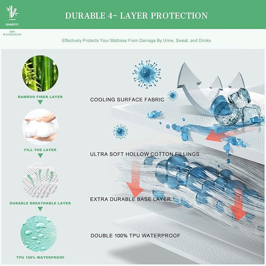 UNILIBRA Twin Mattress Protector Waterproof Rayon from Bamboo, Deep Pocket Mattress Pad Cover Fit up to 6''- 19'', Breathable Soft Filling Quilted Fitted Mattress Topper