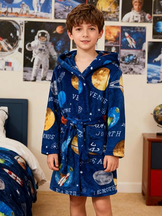 SANGTREE Boys Girls Robe Fleece Hooded Soft Toddler Bathrobe Cute Boys Bathrobe Fuzzy Plush Robes for Kids, 2-12 Years