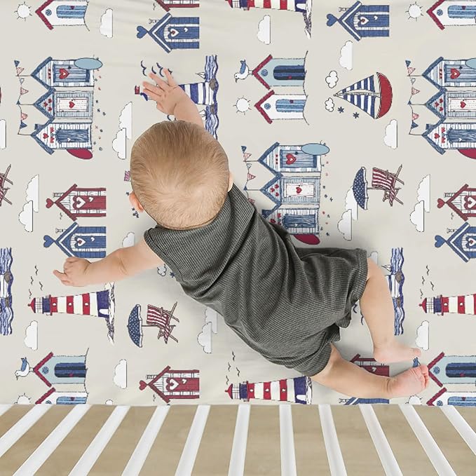 Beach Huts Boats Lighthouse Baby Crib Sheets for Boy Girl 28"x52" Summer Seaside Holiday Soft Snug Fitted Crib Mattress Cover Marine Ocean Nautical Baby Sheet for Standard Crib & Toddler Bed Mattress