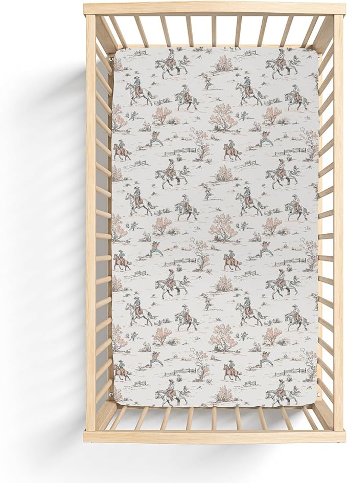 Vintage Cowboy Baby Crib Sheets for Boy Girl 52"x28" Retro Western Cowboy Horse Soft Stretchy Fitted Crib Mattress Cover Wild Desert Baby Sheet for Standard Crib & Toddler Mattress Pad