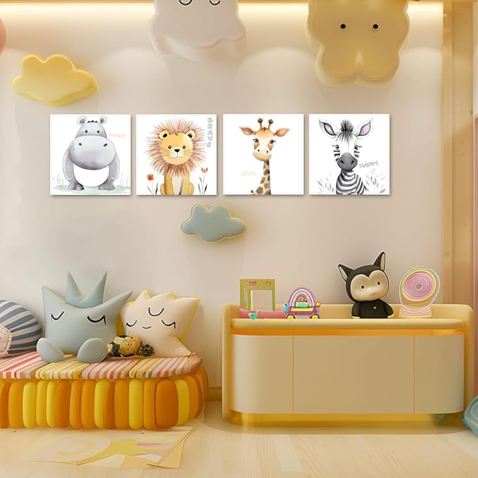 LYUNSHUO Cartoon Animals Wall Art 4 Piece Kids's Room Nursery Decor Inspirational Picture Cute Hippo Lion Giraffe Zebra Artwork for Living Room Bedroom Home Decor(Art-2,18.00"x18.00"x4P)