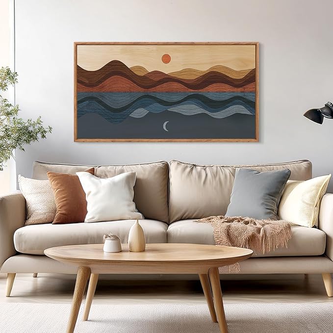 CHDITB Framed Canvas Wall Art for Bedroom, Sun and Moon Long Horizontal Wall Decor, Mid Century Modern Painting, Vintage Abstract Wave Line Poster, Mountain Sea Artwork for Living Room Office 40”X20”