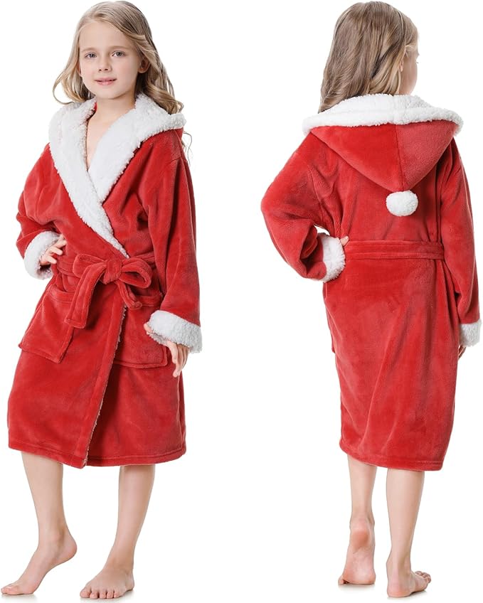 Hooded Herringbone Girl's Fleece Soft Spa Kimono Long Robe,Kids Comfy Sleepwear Bathrobe