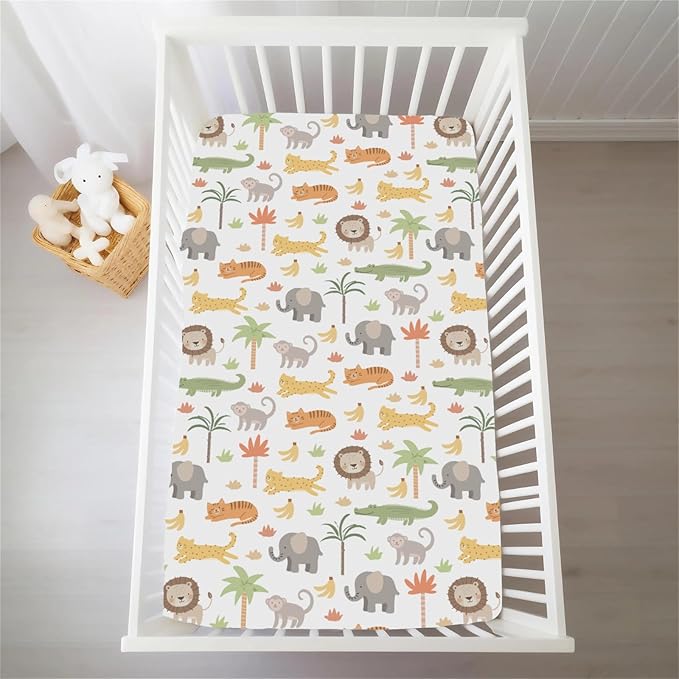 Jungle Safari Animal Baby Crib Sheets for Boys Girls Cute Lion Leopard Elephant Monkey Soft Snug Fitted Crib Mattress Covers for 52''x28'' Standard Crib & Toddler Mattress Safari Adventure Bed Sheets