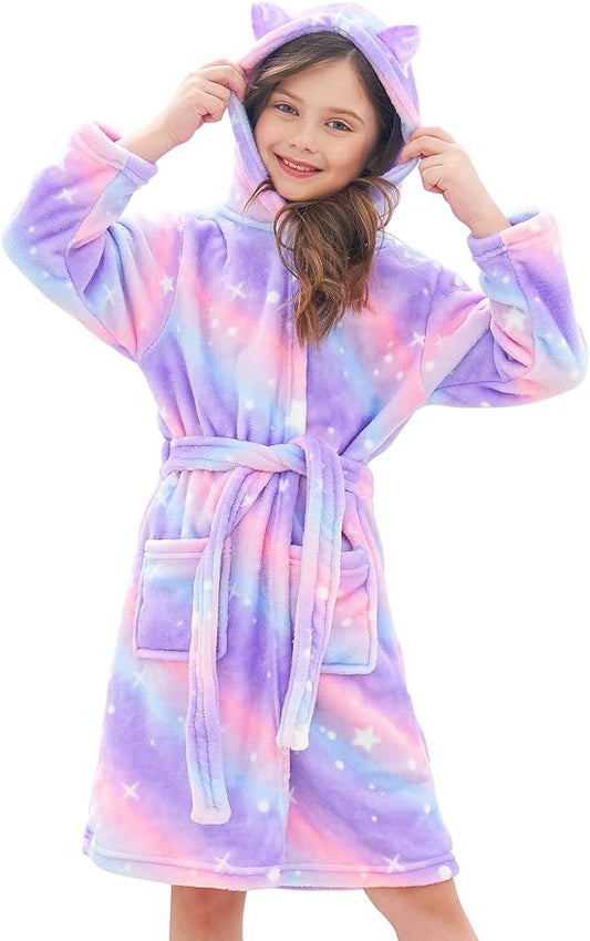 Doctor Unicorn Girls Leopard Cat Robe Kids Fleece Warm Hooded Bathrobe