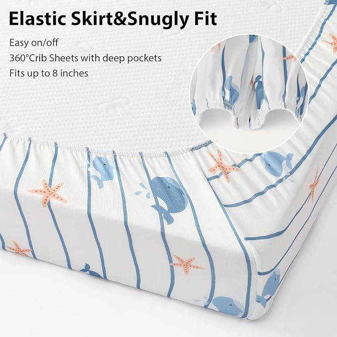 Baby Crib Sheets for Boys and Girls, 3 Pack Toddler Bed Sheets for 52”x28” Standard Toddler Mattresses, Soft Microfiber Fitted Crib Sheets Neutral Blue Ocean Whale