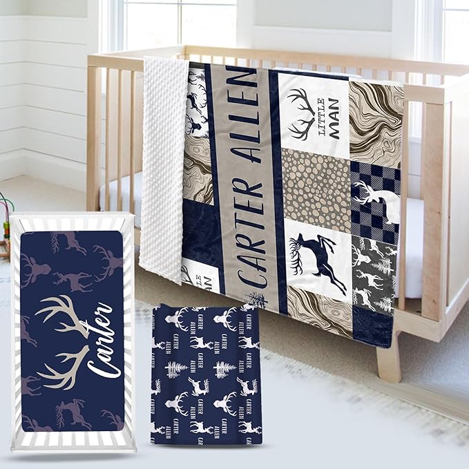 Custom Name Crib Bedding Set 3-Piece – Navy Deer Design Baby Bedding Set with Personalized Soft Blanket, Fitted Sheet, Changing Pad Cover – Ideal Newborn Gift for Boys and Girls