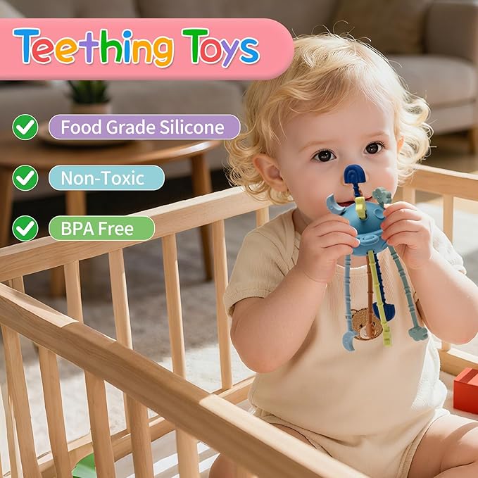Little Rawr Silicone Baby Sensory Montessori Toys & Pull String Teething Toys for 18 M+, Toddler Birthday Gift Car Seat Airplane Travel for 1 2 Year Old Boy Girl Infant 18 Months Old (Blue)